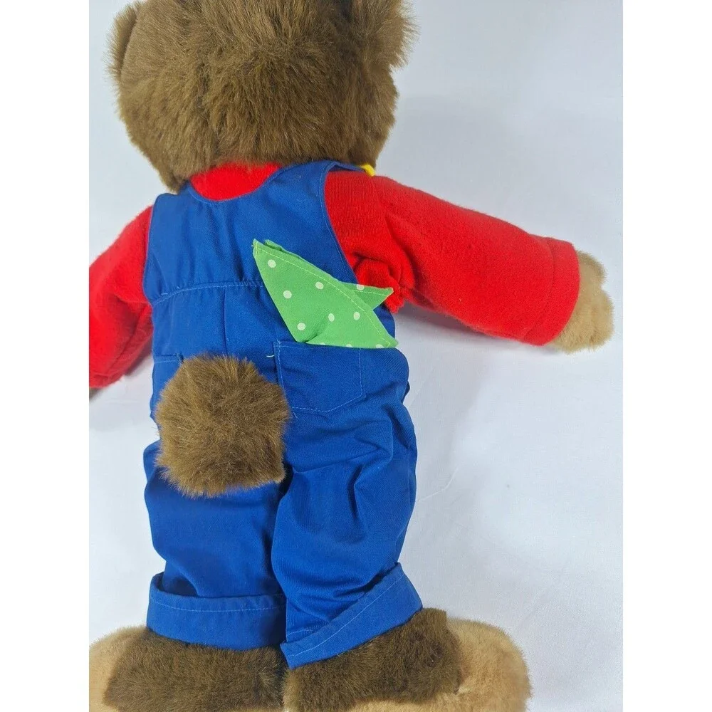 Vintage JS International Plush Teddy Bear Blue Overalls Red Shirt 14